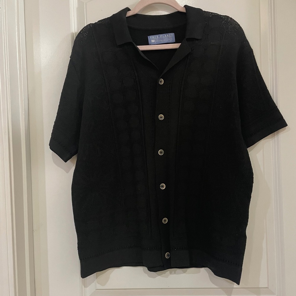 FREE PLANET Black Knit Button Front Short Sleeve Collared Shirt Mens M